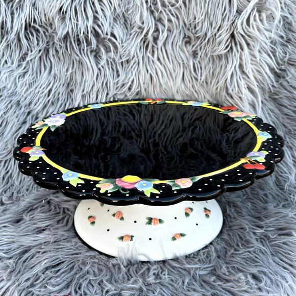 Mary Engelbreit Pedestal Glazed Porcelain Cake Plate Cherries Floral Scalloped